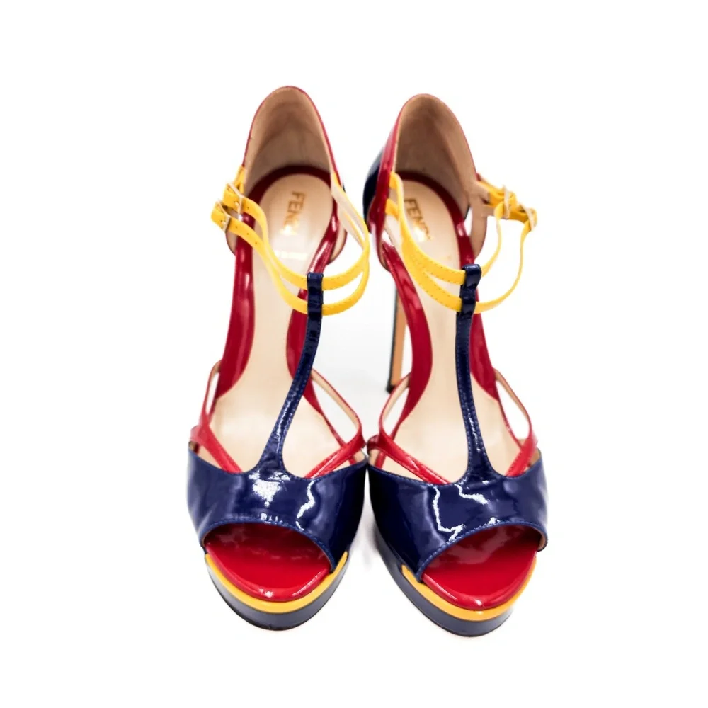 FENDI Navy Red Patent Leather T-Strap Platform Heels EU 36.5 - Picture 4 of 10